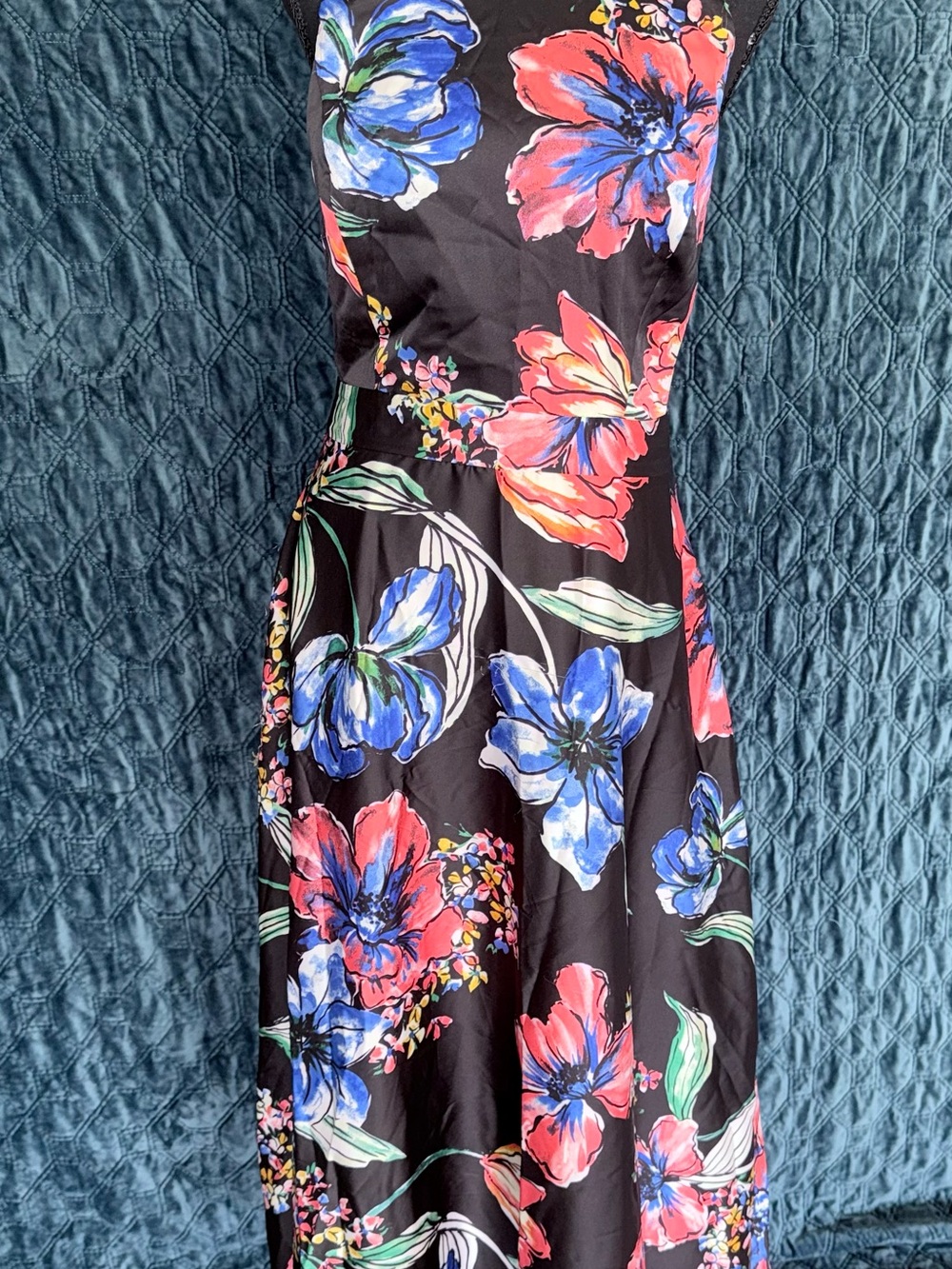 Tahari Black Maxi Dress with Blue and Pink Floral Print